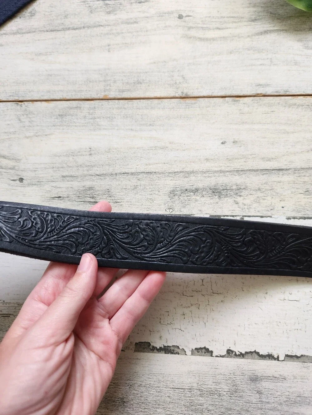 Justin Tooled Leather Belt Jeweled Floral Belt Buckle Top Grain Cowhide Black 38
